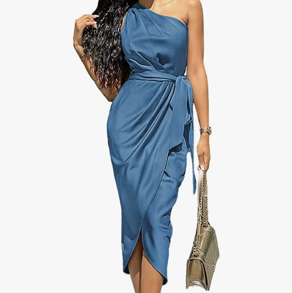 NEW Pretty Garden Sleeveless One Shoulder Wrap Satin Dress with Belt Size Large